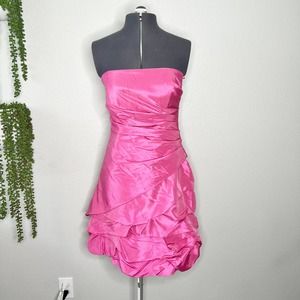 Onyx Nite Pink Satin Strapless Gathered Ruffle Mini Dress Women's Size 8